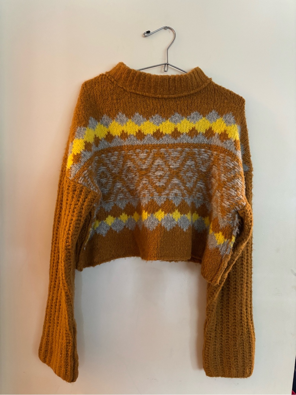 Free People Brown Cinnamon Toast Alpine Alpaca Blend Cropped Fair Isle Sweater